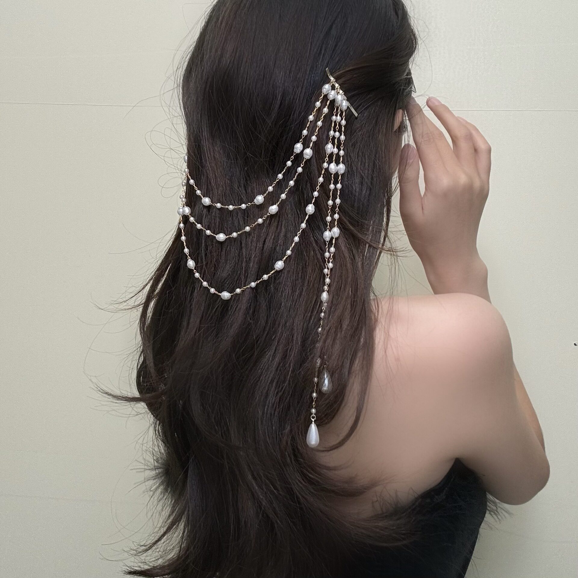 超美超仙珍珠流苏发夹女小众设计感一字夹后脑勺连体发夹边夹头饰