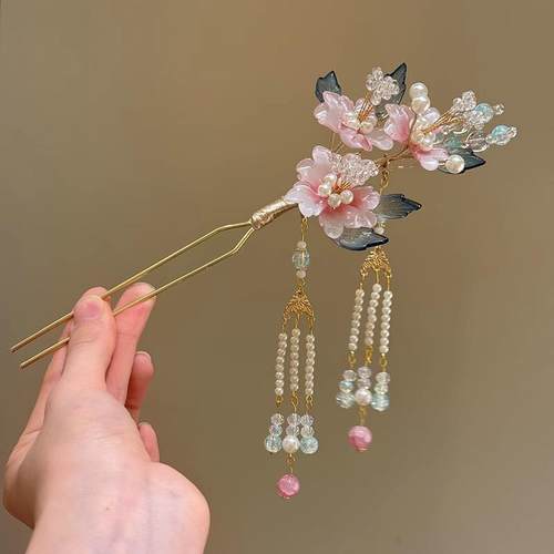 繁瑾迷情~新中式簪花绢花花朵发钗流苏发簪子古典头饰汉服头饰品