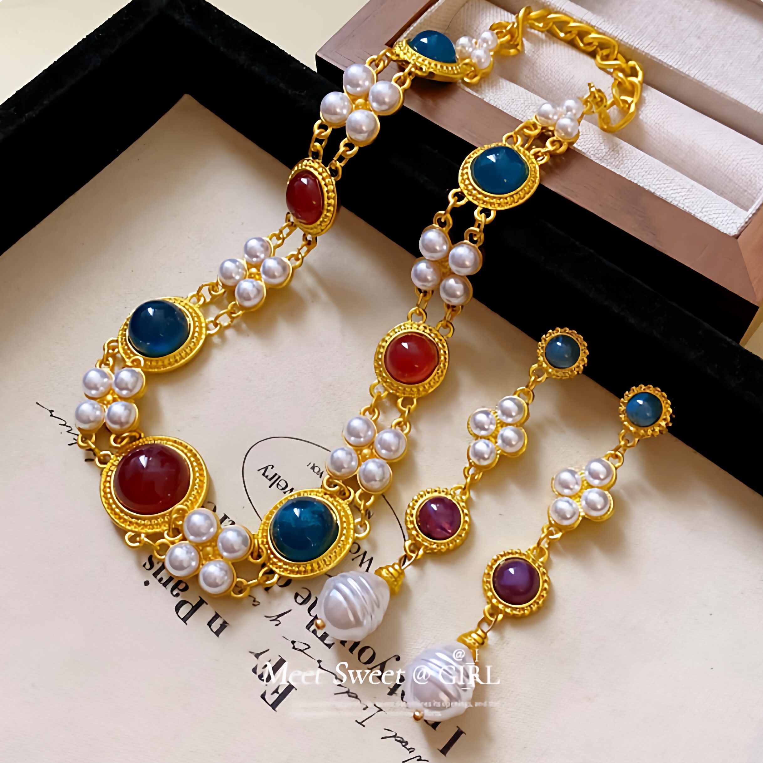 中古vintage项链几何人造珍珠双层锁骨链宫廷风时尚个性项饰复古