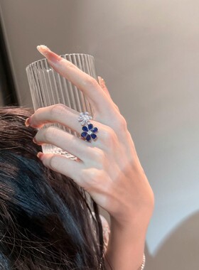 撞色蓝白仿钻双生花朵戒指女轻奢高级感耳钉小众设计通勤百搭项链