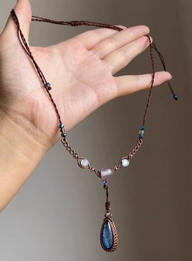 【海神泪】精灵系蓝色水滴吊坠手工编绳串珠项链女波西米亚锁骨链