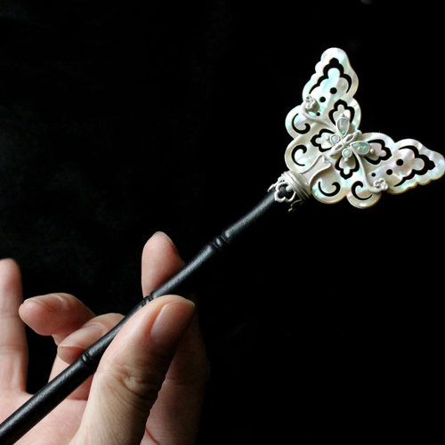 国风蝴蝶簪子女士复古吉祥纹镶嵌玉石色蝴蝶竹节发簪汉服盘发发饰