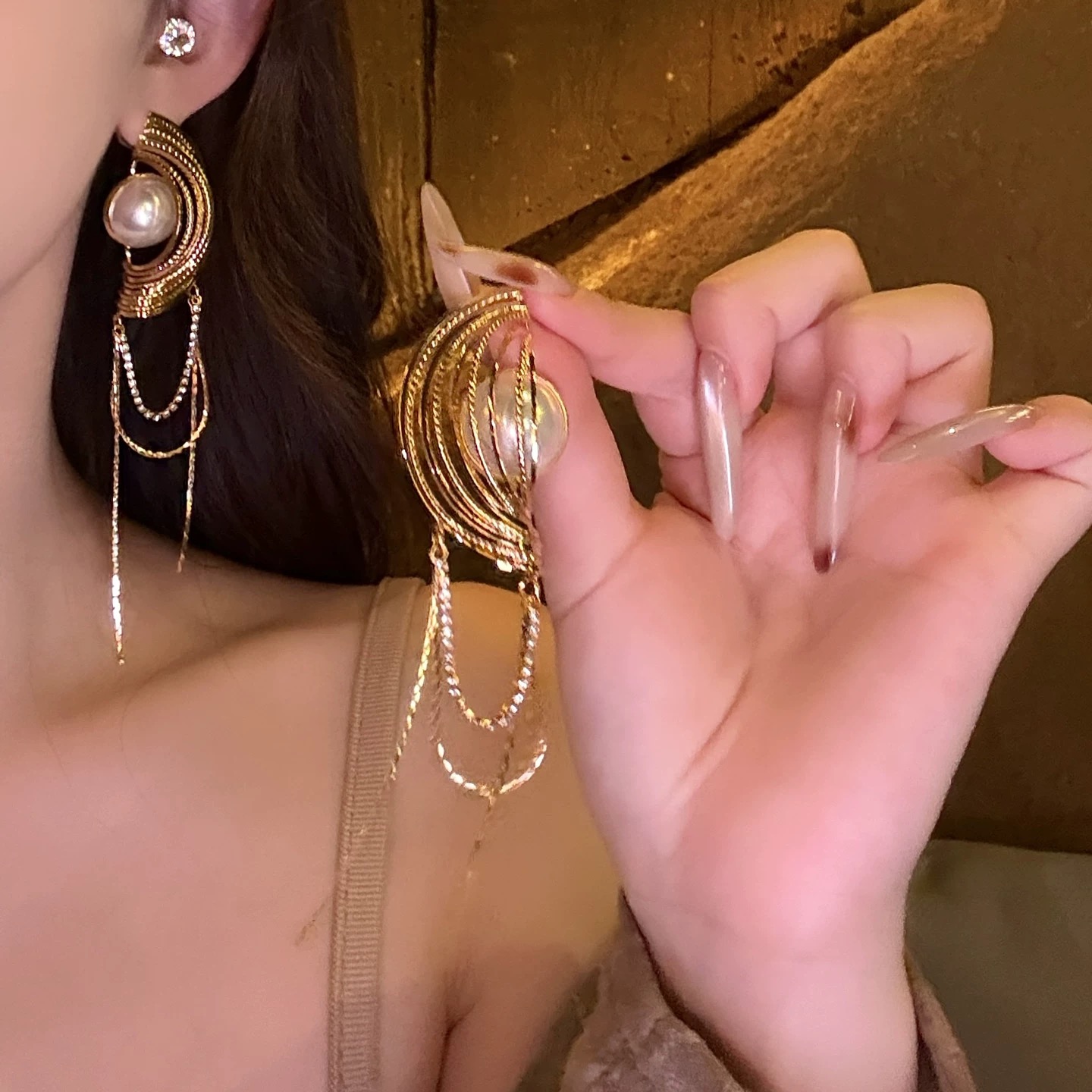 白金盛宴！欧美复古气质夸张金属珍珠耳环长款流苏显贵气聚会耳饰