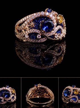 中古系列油画星空双层珐琅星芒锆石戒指艺术感贵妇奢华高级感女戒