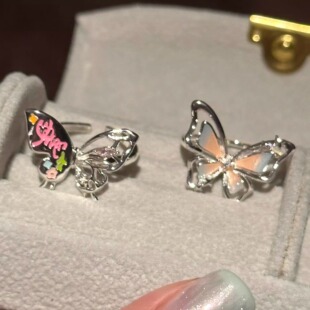 超仙彩色双层蝴蝶开口戒指女轻奢小众精致高级感食指戒设计感指环