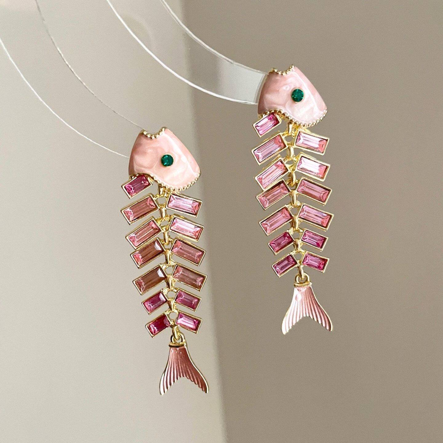 vintage中古粉色鱼骨头耳钉耳夹高级感时尚夸张小众个性度假耳饰