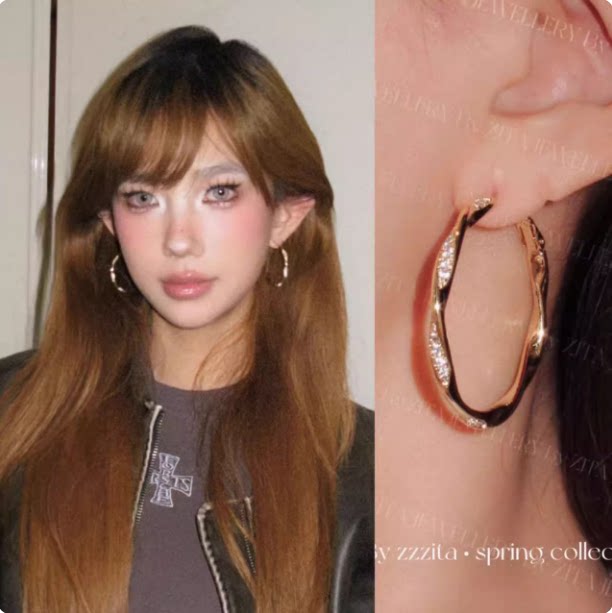 瘦脸作弊器~美式闪钻麻花简约百搭圈圈耳环2025新款轻奢精致耳饰