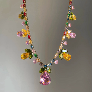 彩色闪钻树叶水滴吊坠项链超闪精致独特锁骨链夏日多巴胺绝美颈链