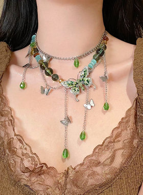 甜酷小众绿色蝴蝶水晶流苏项链女气质多层长款彩色玻璃串珠锁骨链