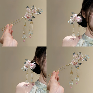 公主风~新中式簪花绢花朵发钗流苏发簪子古典头饰汉服头饰盘发器
