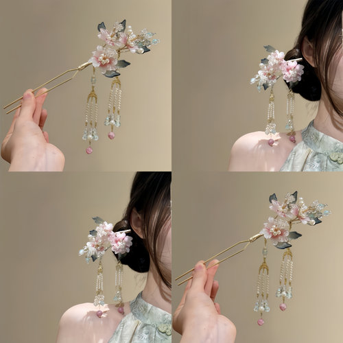 公主风~新中式簪花绢花朵发钗流苏发簪子古典头饰汉服头饰盘发器