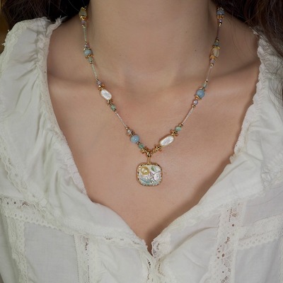 【虹彩糖豆】法式复古重工油画项链不规则串珠吊坠项链小众锁骨链