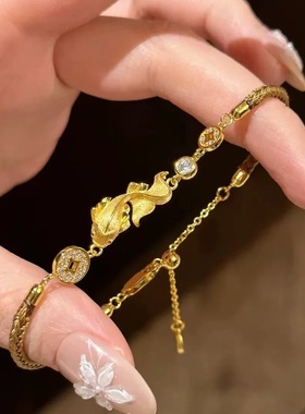 「年年有鱼」新中式金色拉丝锦鲤铜钱棕绳手链女复古编织手绳手饰