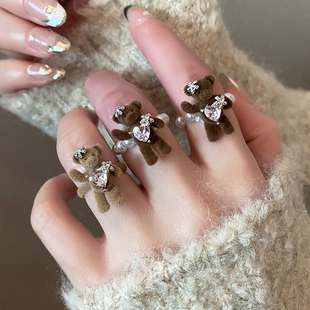 萌趣小熊植绒珍珠爱心戒指女秋冬小众设计感指环卡通开口食指戒