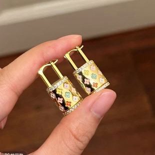 高级复古老花小提包锁头耳环新款 彩色包包耳环 vintage中古时尚