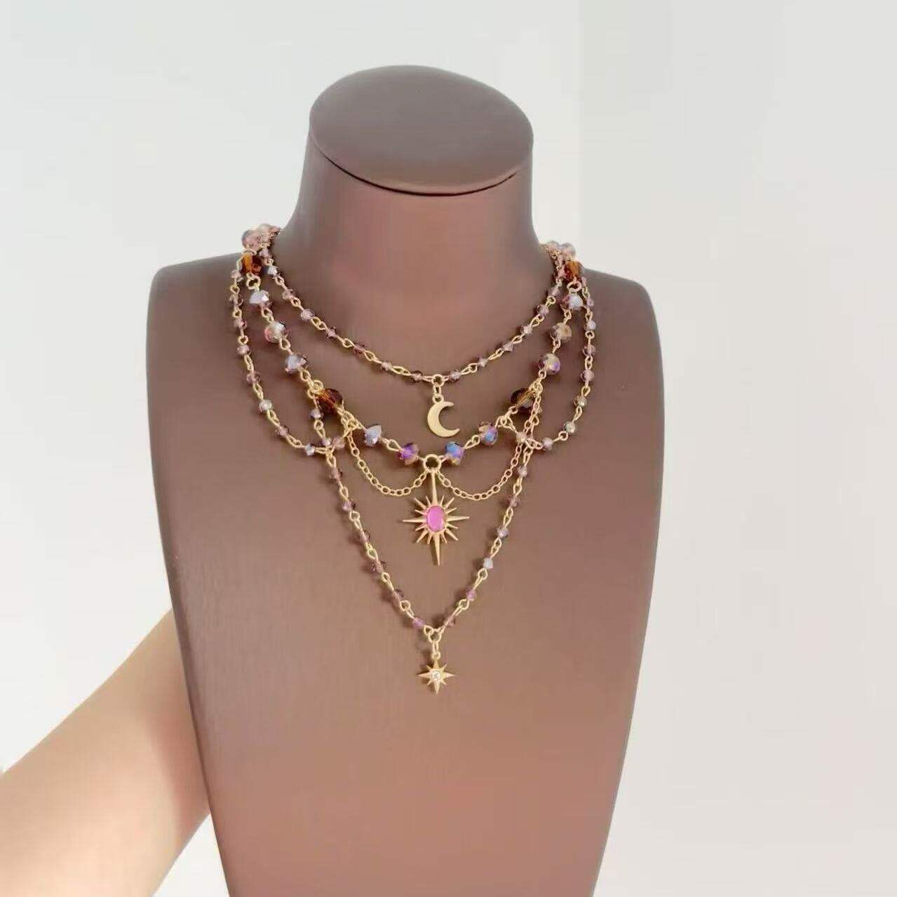 欧美跨境多层串珠锁骨链甜酷不规则月亮太阳流苏吊坠颈链叠戴项链