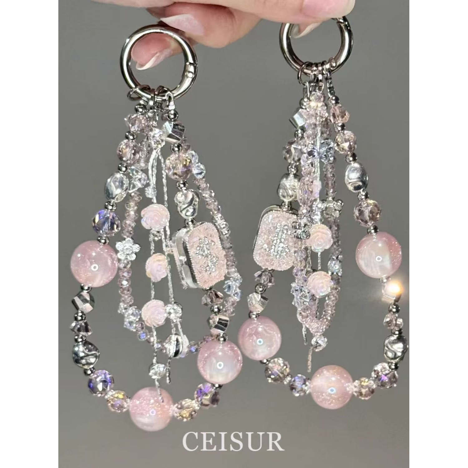 【招财玫瑰】粉色系玫瑰流苏双层钱袋手机链高端挂式包挂件设计感