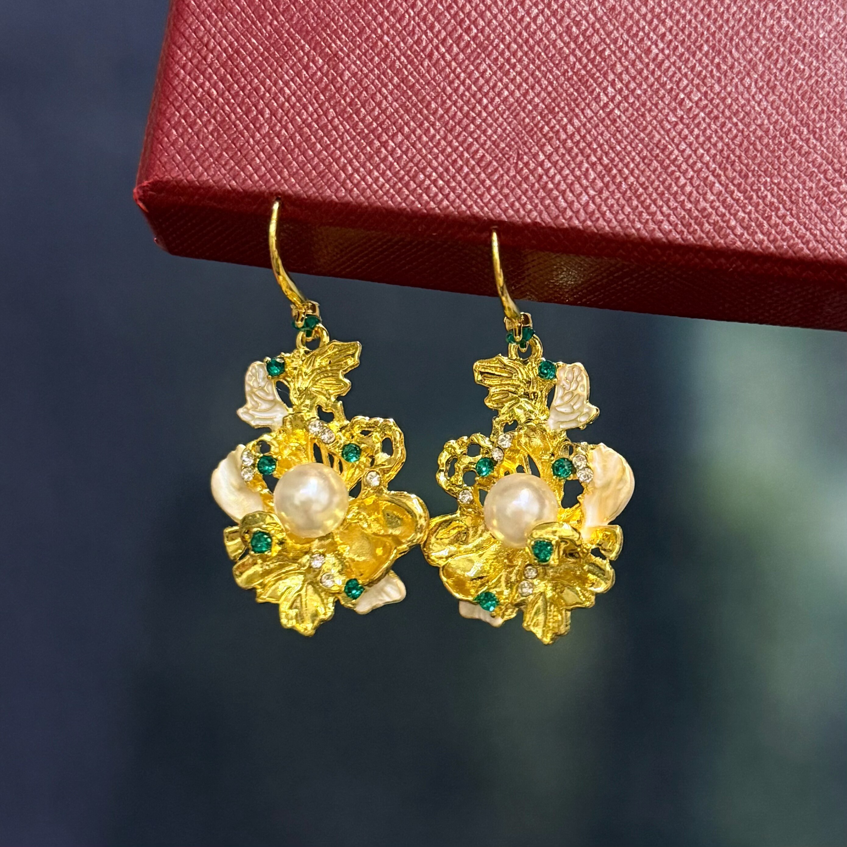 新中式古风耳环国风金色精工牡丹花珍珠耳坠复古经典优雅简约女士