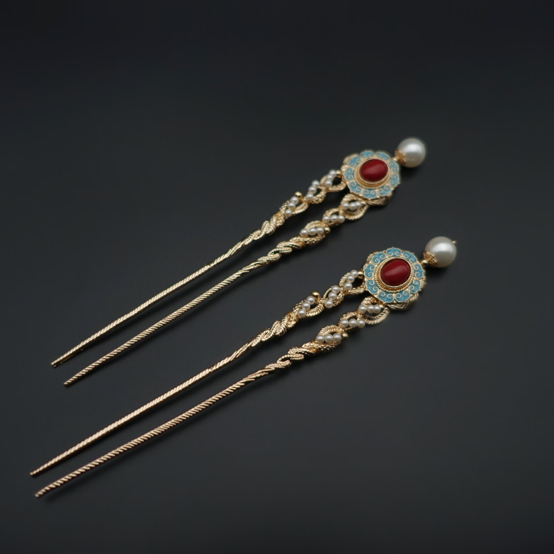 新中式复古唐风绞丝发钗仿掐丝烧蓝汉服u簪子简约百搭发饰轻奢女