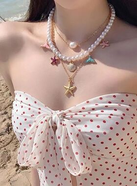 波西米亚多层叠戴星星贝壳项链女choker海边度假风锁骨链个性颈链