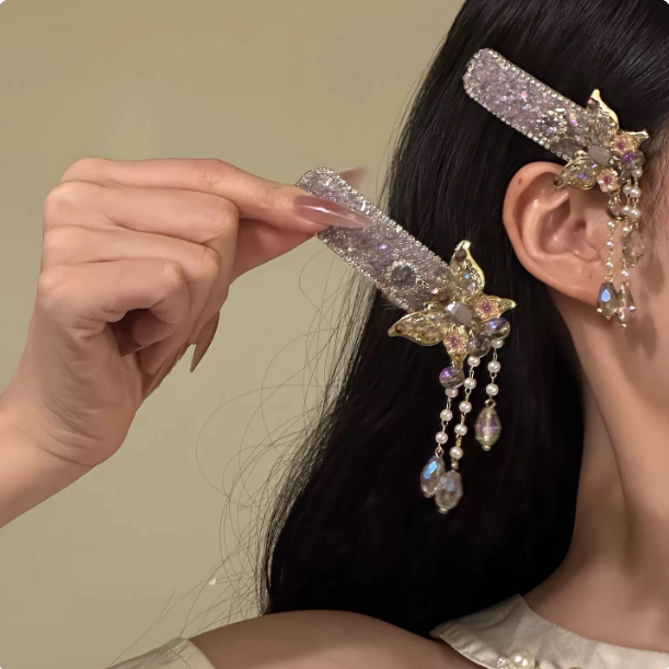 中式超仙紫色水晶蝴蝶流苏发夹女轻奢高级感侧边刘海夹子盘发bb夹