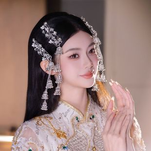 民族风银色彩钻风铃流苏发夹新中式侧边刘海边夹新娘结婚头饰发饰