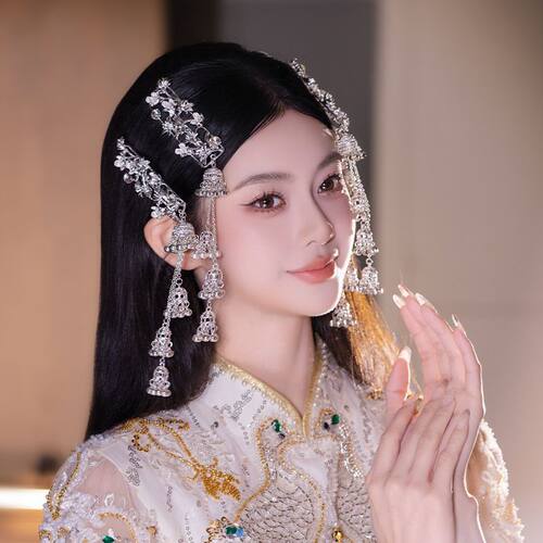 民族风银色彩钻风铃流苏发夹新中式侧边刘海边夹新娘结婚头饰发饰