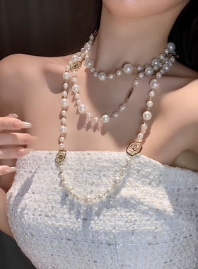 双层叠戴长款珍珠项链女款2025新款爆款锁骨链女轻奢小众颈链配饰