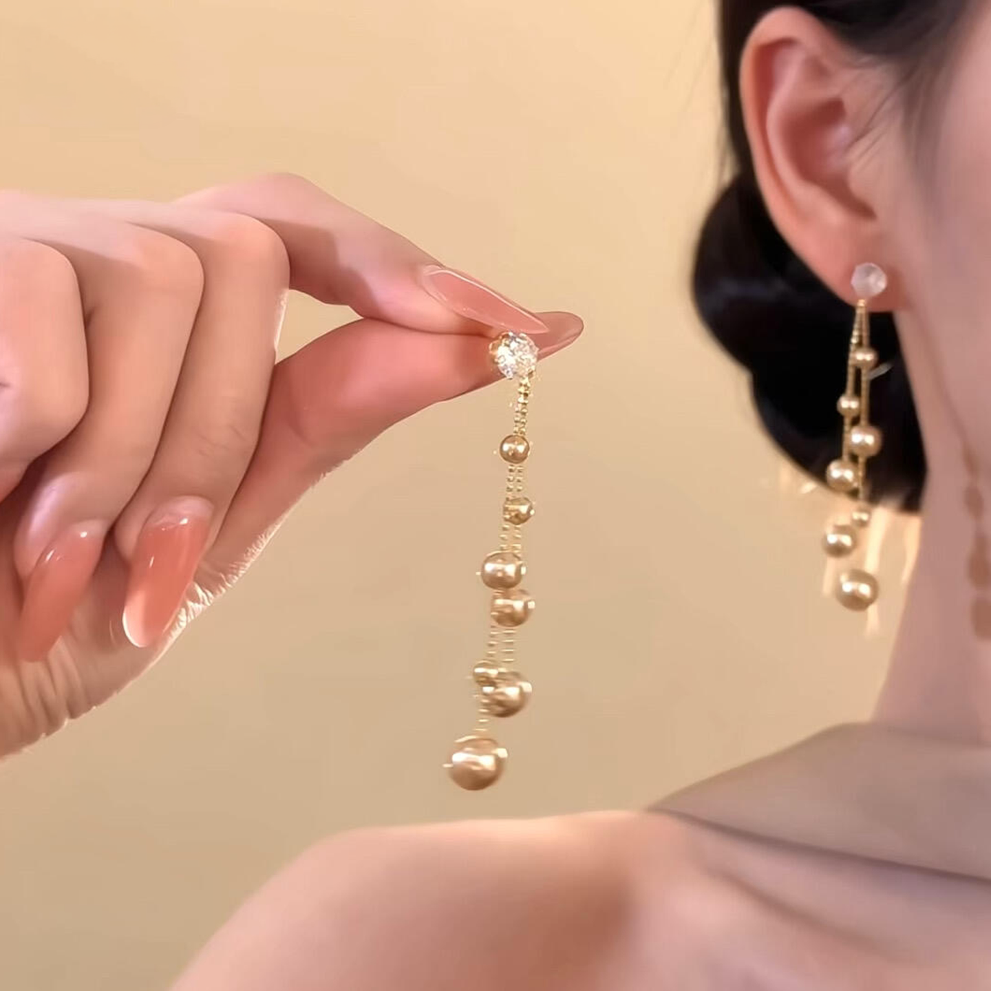 法式香槟金双链仿珍珠流苏耳钉千金感轻奢小众设计耳环简约耳饰女