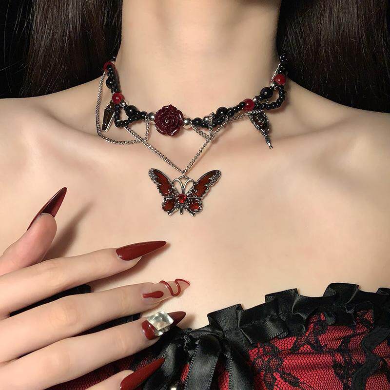 万圣节暗黑系猩红蝴蝶choker项链复古哥特朋克风甜酷渐变辣妹颈链