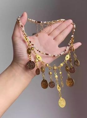 新中式民族风项链复古做旧异域风毛衣颈链贵气钱币精致流苏锁骨链