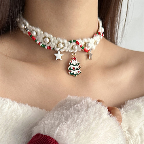 圣诞树吊坠毛绒chocker项圈女秋冬项链颈链圣诞节新年氛围感配饰