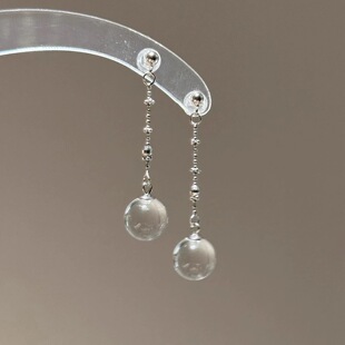 清冷雾感清透白水晶圆球吊坠长款银珠链条耳坠女耳饰高级感耳环夏
