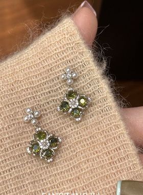 法式轻奢绿色锆石花朵菱形耳坠精致绝美优雅气质高级感时尚耳环女
