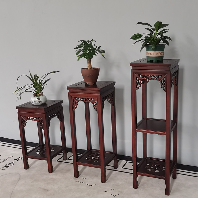 榆木实木架红木色玄关盆景架子室内几客厅圆形古典落地架