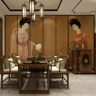 唐代美簪仕女图墙纸国画古典壁纸饭店民宿摄影背景墙壁画