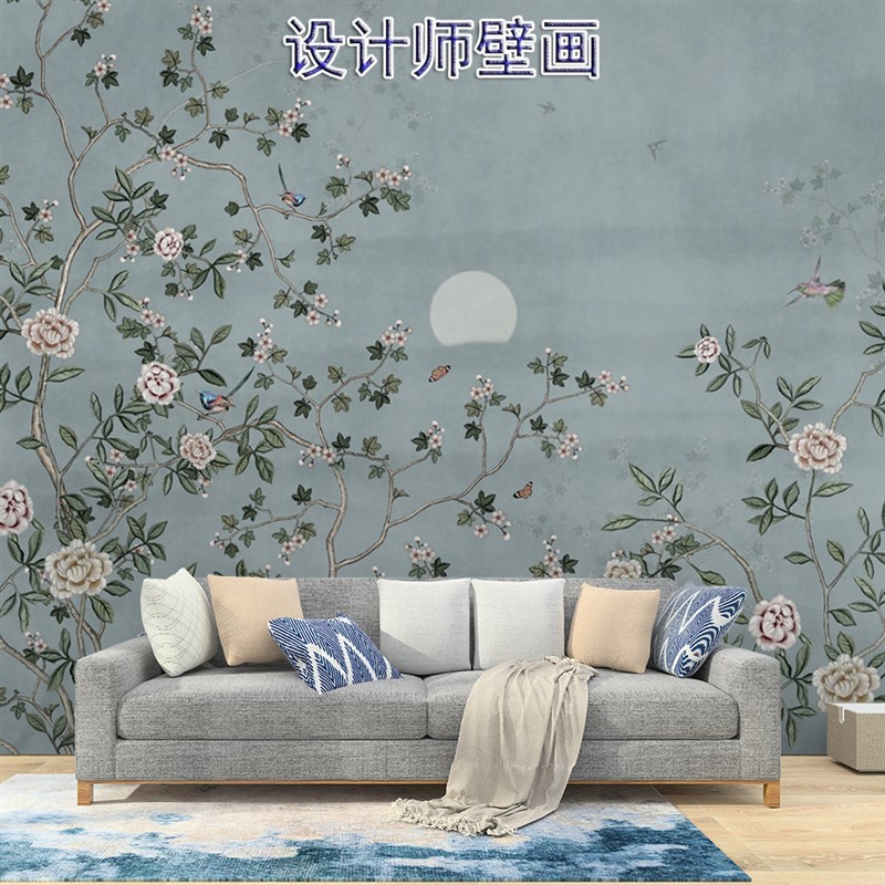 新中式复古花鸟图墙纸酒店卧室床背装饰墙布沙发背景定制壁画壁布图片