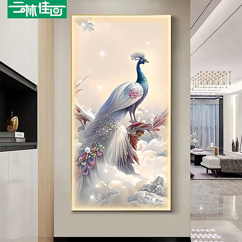 新中式孔雀入户玄关装饰画走廊过道竖版LED灯光画现代高档装饰画图片