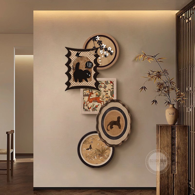 中古风玄关装饰画 画高级感入户正对门挂画 画20年新款LED灯发光