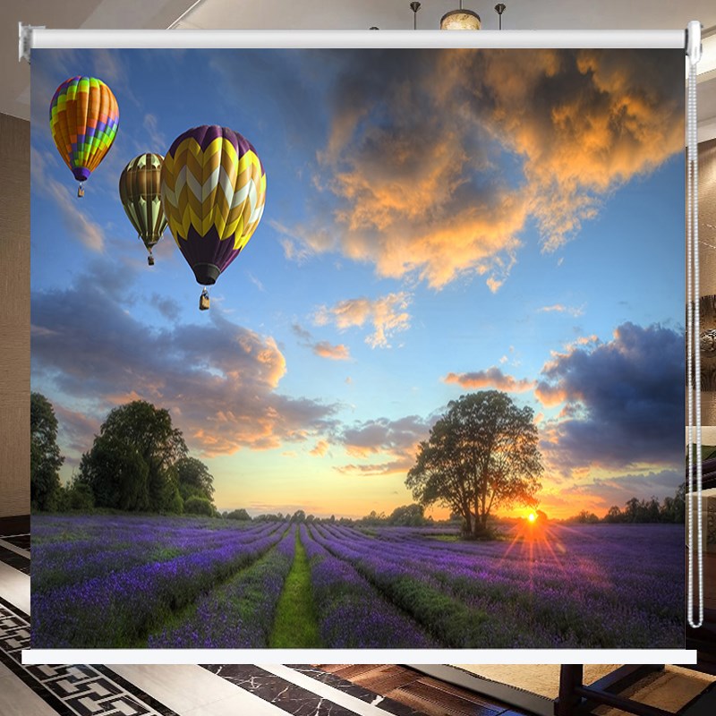 定制D蓝天气球薰衣草图案窗帘卷帘画卧室客厅遮阳全遮光拉珠升降