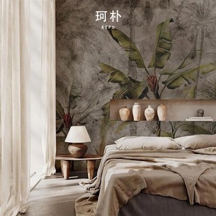 珂樸東南亞復(fù)古芭蕉葉沙發(fā)臥室電視背景墻布視覺(jué)高級(jí)感壁紙自粘