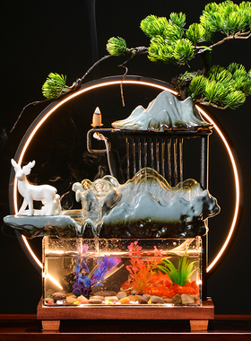 创意循环流水小型鱼缸招财中式家居客厅装饰景观乔迁业礼品