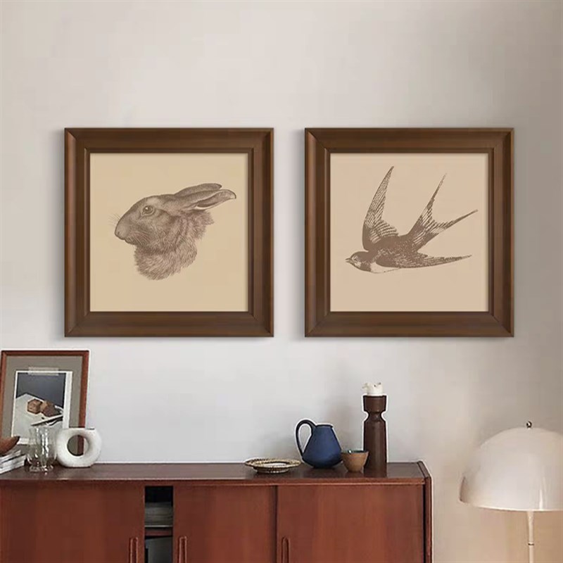 中古风艺术抽象素描动物餐厅方形装饰画侘寂背景墙卧室高级感挂画图片