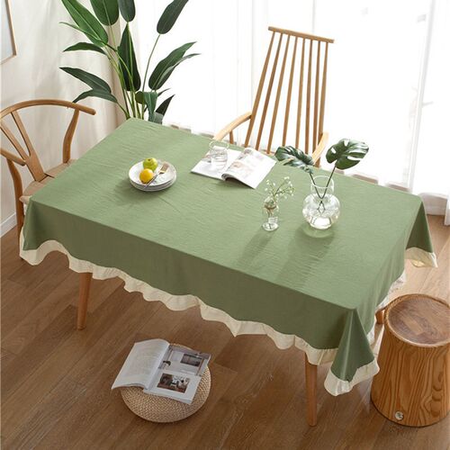复古绿文艺餐桌布小新拼色白荷叶边桌布盖巾圆桌茶几布装饰布艺