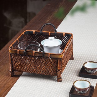 中式 復(fù)古創(chuàng)意客廳茶幾茶具整理筐 家用水果籃 仿古手工竹編收納筐