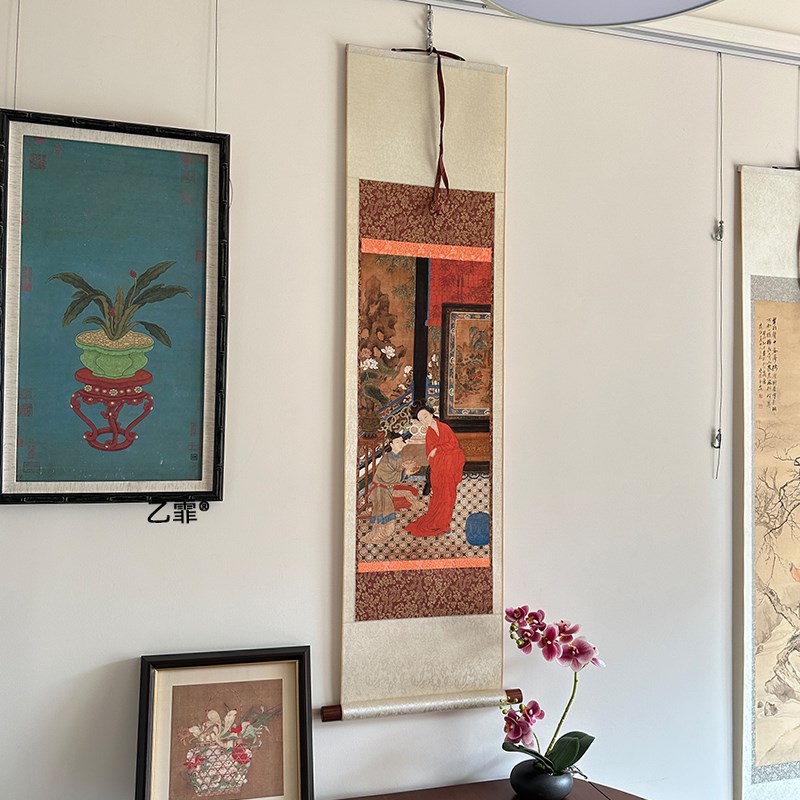 桔子格调贵妃出浴宣和裱新仕女图饰画茶室书房卷轴挂轴挂画