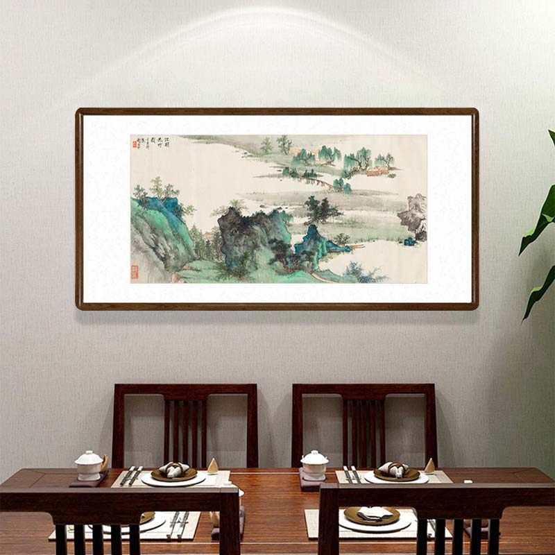 谢稚柳江明竹图国画山水画客厅背景墙装饰画办公室横幅牌匾壁画