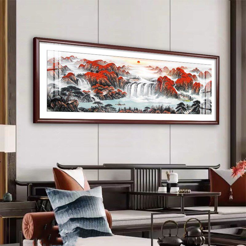 鸿运当客厅饰画风景国画山水挂画聚宝盆办公室背景墙壁画
