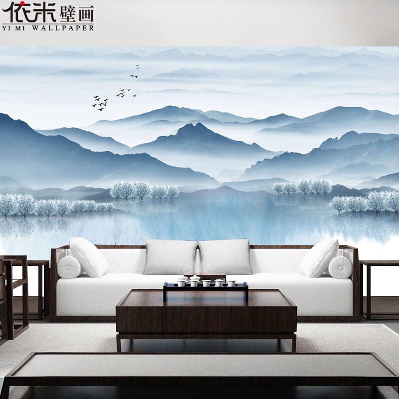 现代新墙布抽象水墨山水墙纸壁画电视客厅卧室背景墙山水壁纸