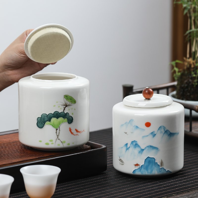 手绘茶叶罐储存物罐中号茶叶盒防潮红绿茶密封罐子